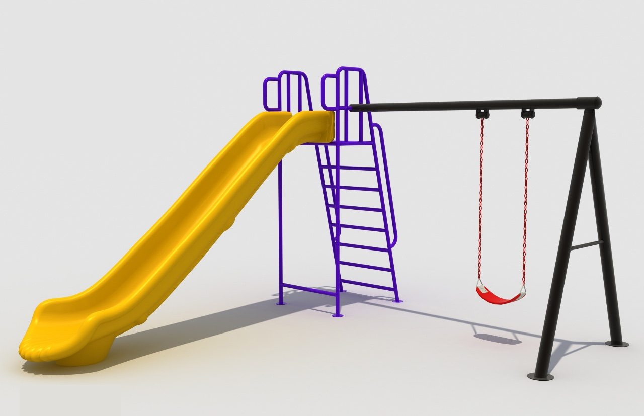 Conjunto de parque infantil con tobog&aacute;n amarillo, estructura met&aacute;lica y columpio individual para uso exterior.
